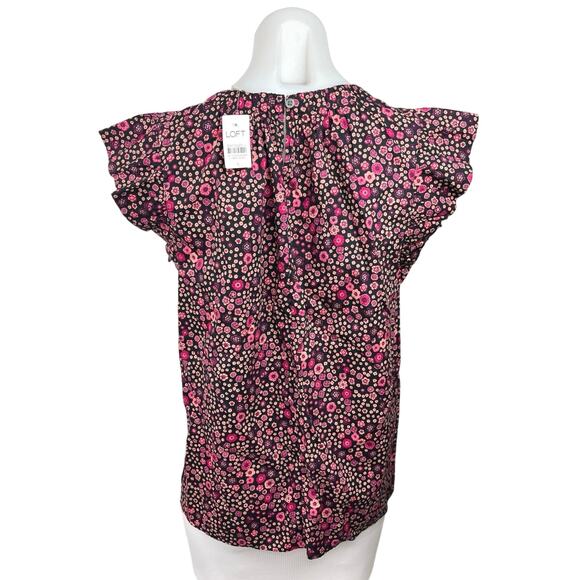 Loft Women's Multicolor Floral Cap Flutter Sleeve Crew Neck Blouse Top Size S - Picture 5 of 7
